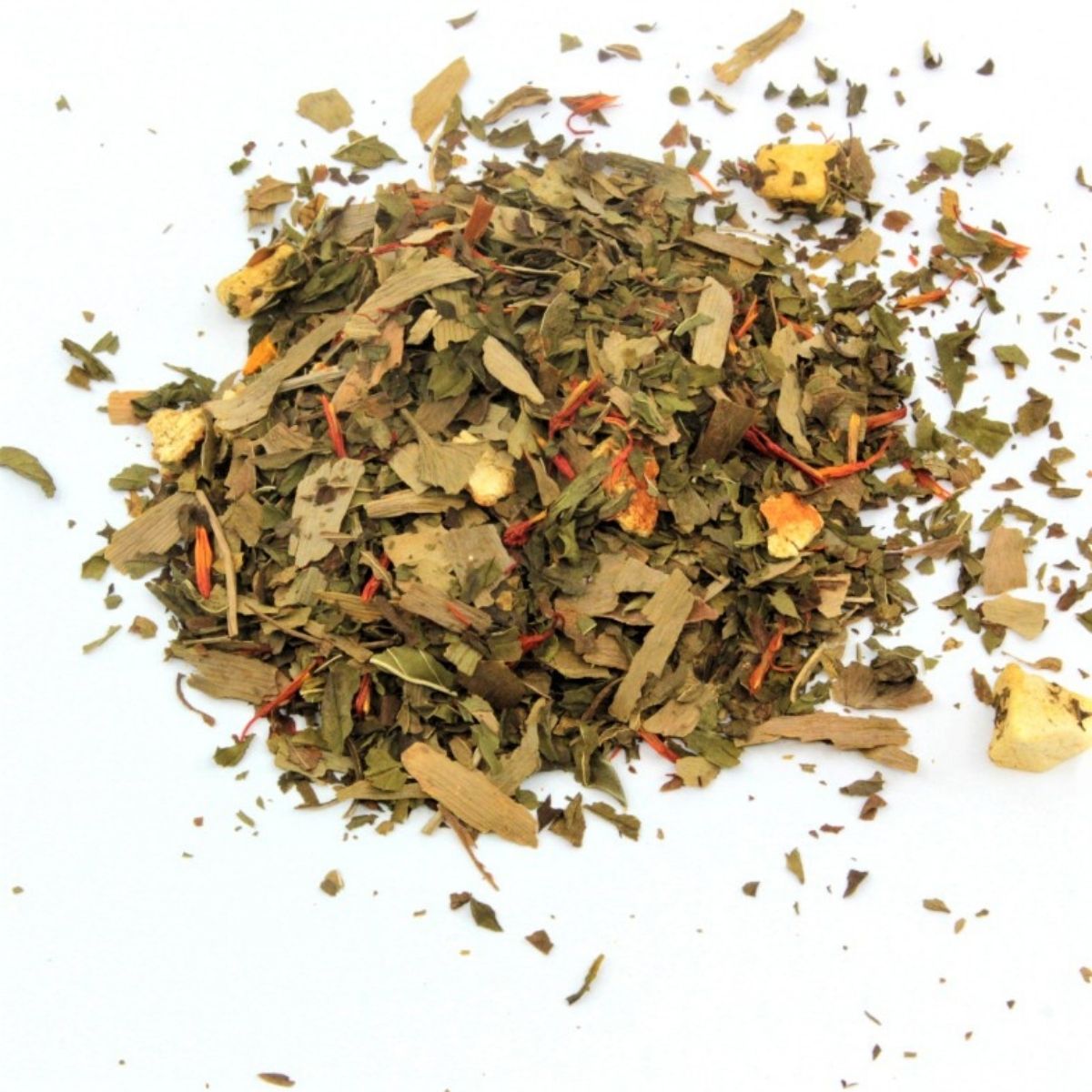 Tisane Brume de Clarté ginkgo menthe curcuma orange — Les Thés Fuji Mélange de tisane Brume de Clarté avec feuilles de ginkgo menthe orange curcuma citrouille et pétales de carthame