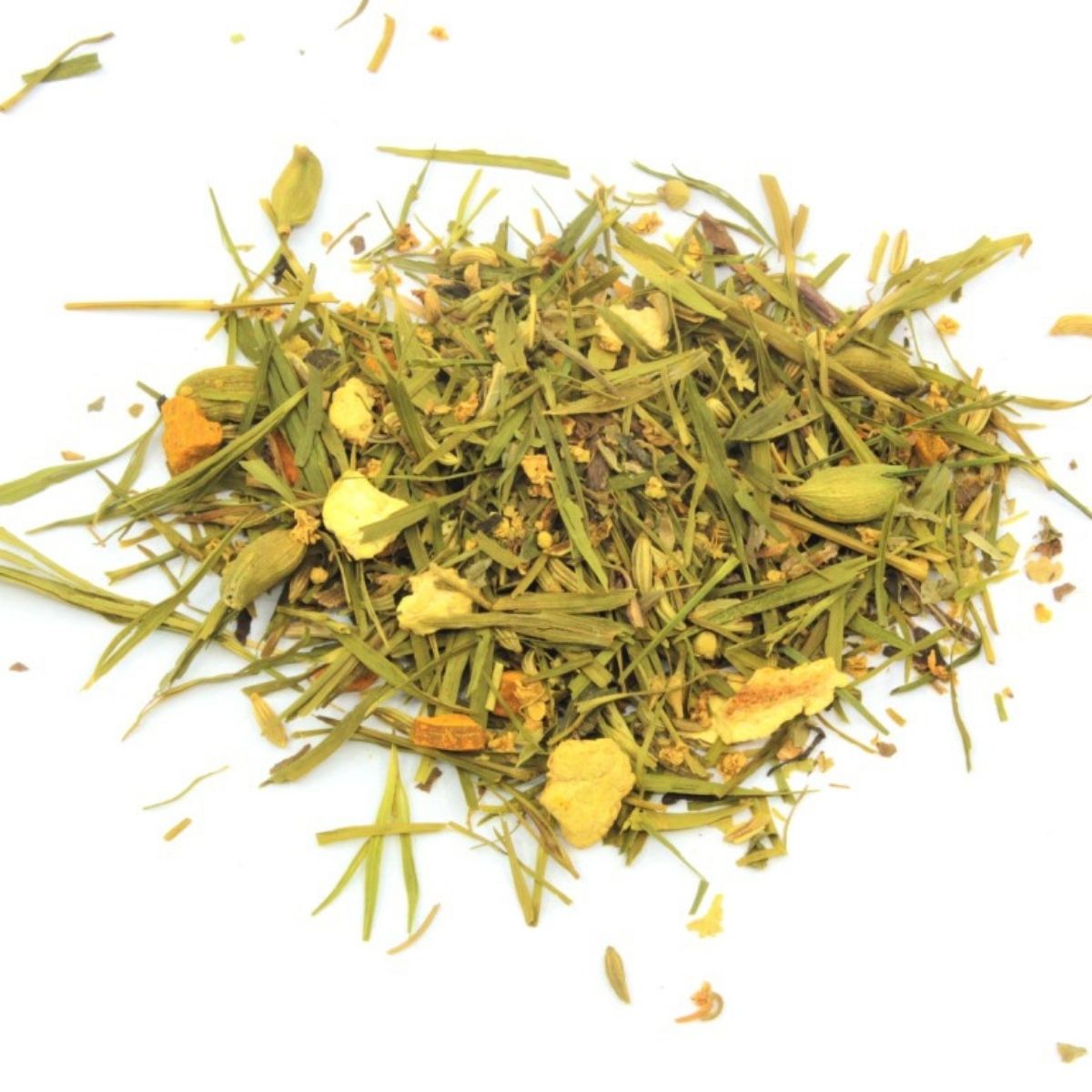 Tisane La Pause Soleil curcuma fenouil cardamome tilleul orange — Les Thés Fuji Mélange de tisane La Pause Soleil avec curcuma fenouil orange cardamome tilleul sureau pissenlit et bardane