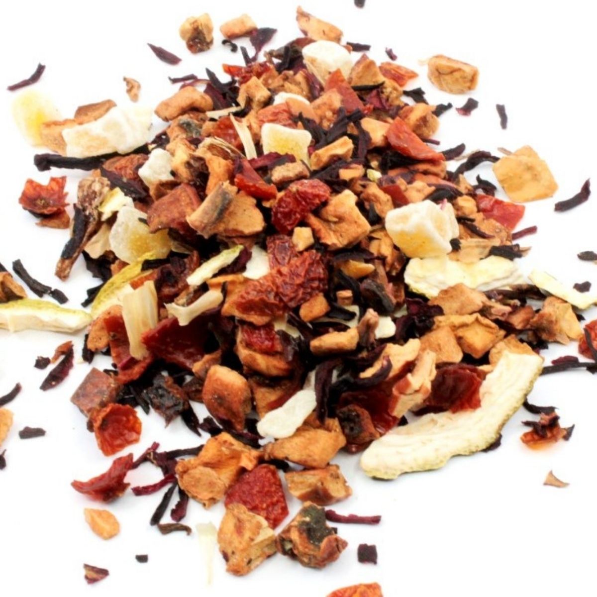 Tisane Glacée Mangue Citron hibiscus lime — Les Thés Fuji Mélange de tisane avec morceaux de mangue citron lime pétales d'hibiscus et églantier