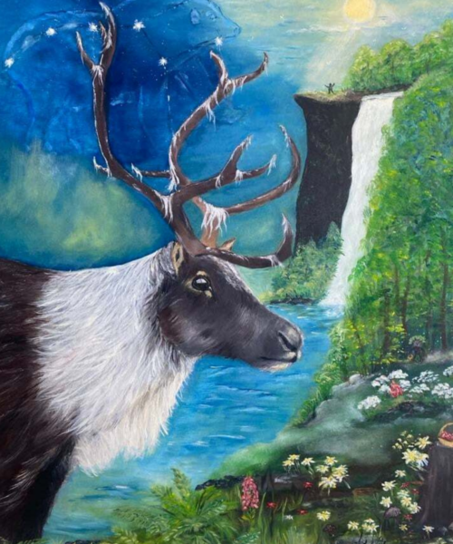 Peinture originale “La Terre des Songes” par Lise Lavoie Art, œuvre mixte, acrylique et huile représentant un caribou majestueux dans un univers poétique et onirique