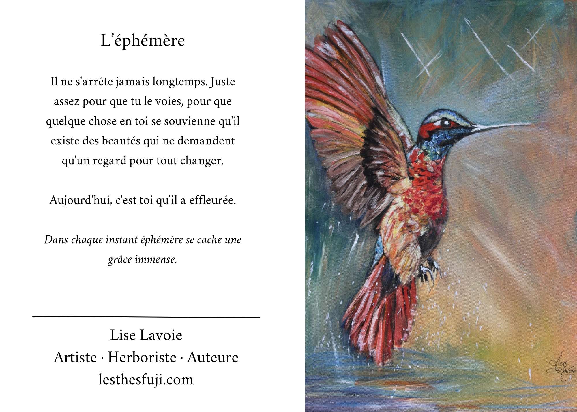 Carte de souhait 5x7 recto verso L'Éclat du colibri toile et texte Lise Lavoie Art Shefford Québec