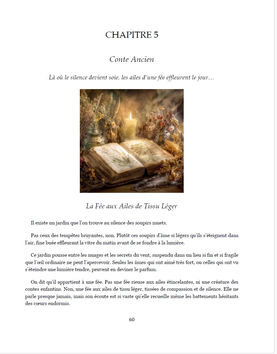 Page du Conte ancien du livre Là où murmurent les racines, présentant un texte poétique inspiré des mémoires végétales et du voyage d’Élinor.