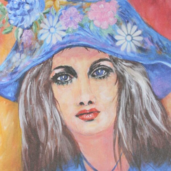 Toile acrylique portrait féminin poétique : dame mystérieuse au chapeau original et fantaisiste
