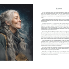 Portrait d’Élinor, herboriste aux cheveux blancs, personnage principal du livre Là où murmurent les racines, accompagné d’un extrait poétique imprimé sur une page du livre