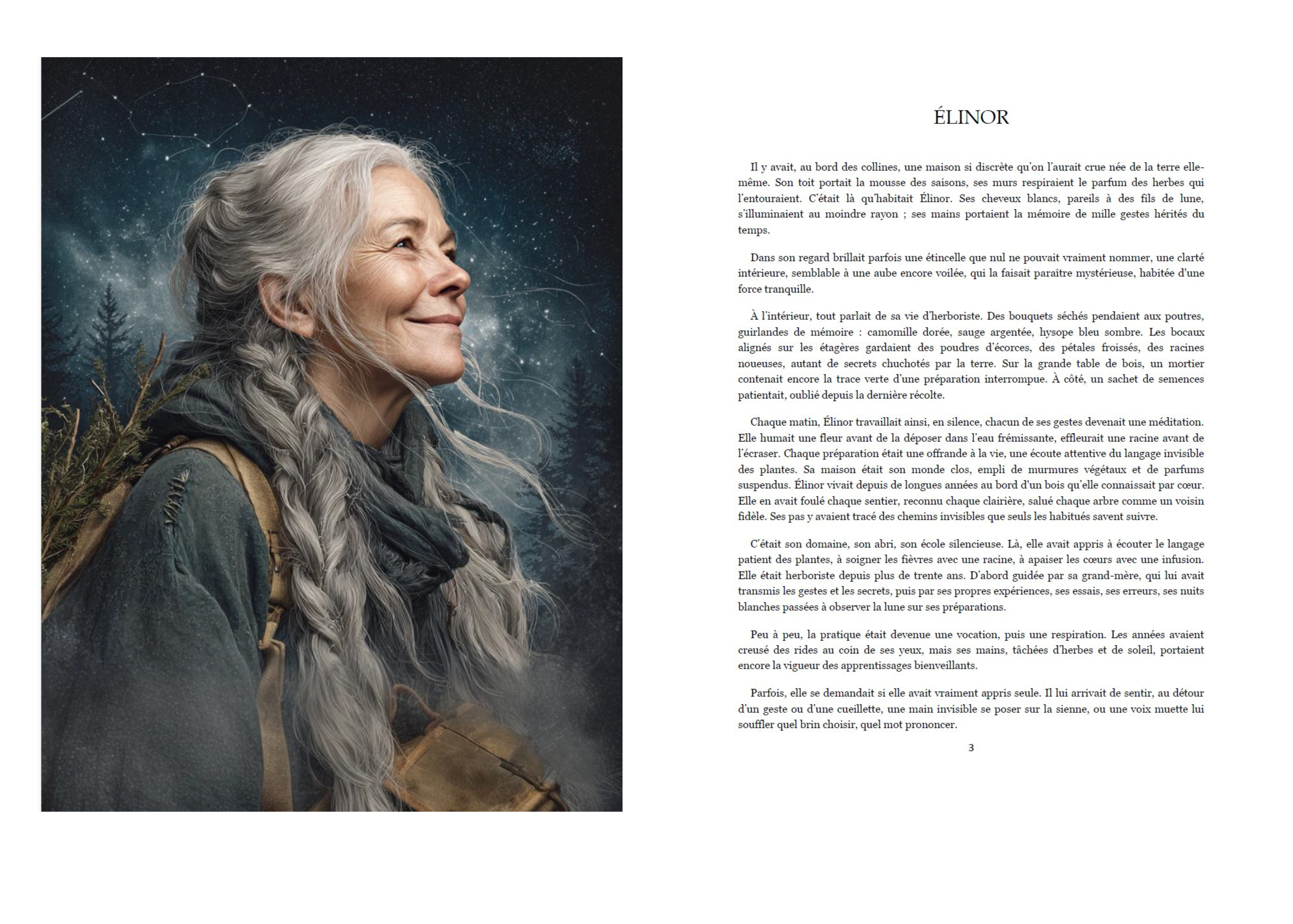 Portrait d’Élinor, herboriste aux cheveux blancs, personnage principal du livre Là où murmurent les racines, accompagné d’un extrait poétique imprimé sur une page du livre