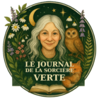 Le Journal de la Sorcière Verte — Logo illustré avec une femme aux cheveux blancs, un hibou, un renard, des fleurs et un livre ouvert sous un croissant de lune