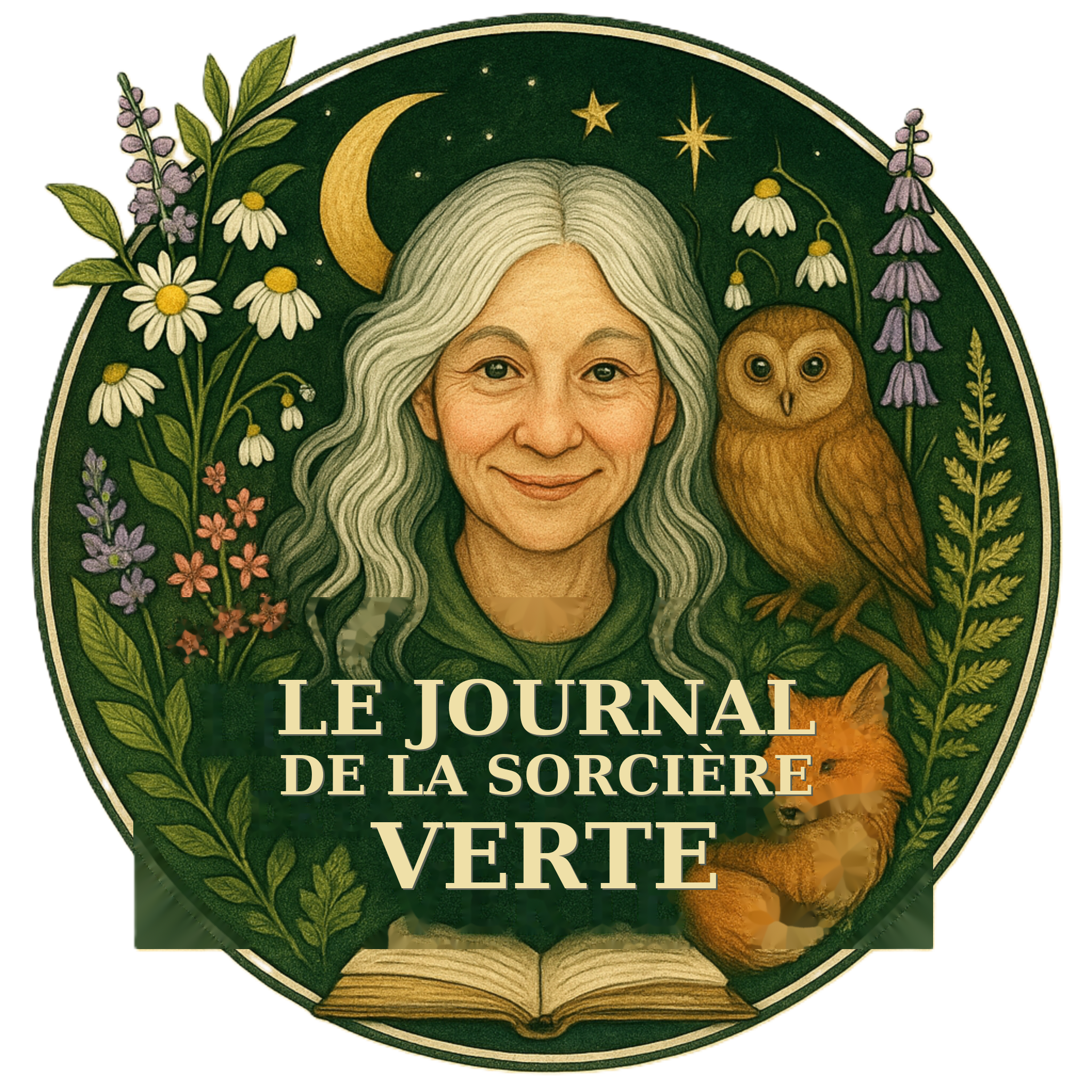 Le Journal de la Sorcière Verte — Logo illustré avec une femme aux cheveux blancs, un hibou, un renard, des fleurs et un livre ouvert sous un croissant de lune
