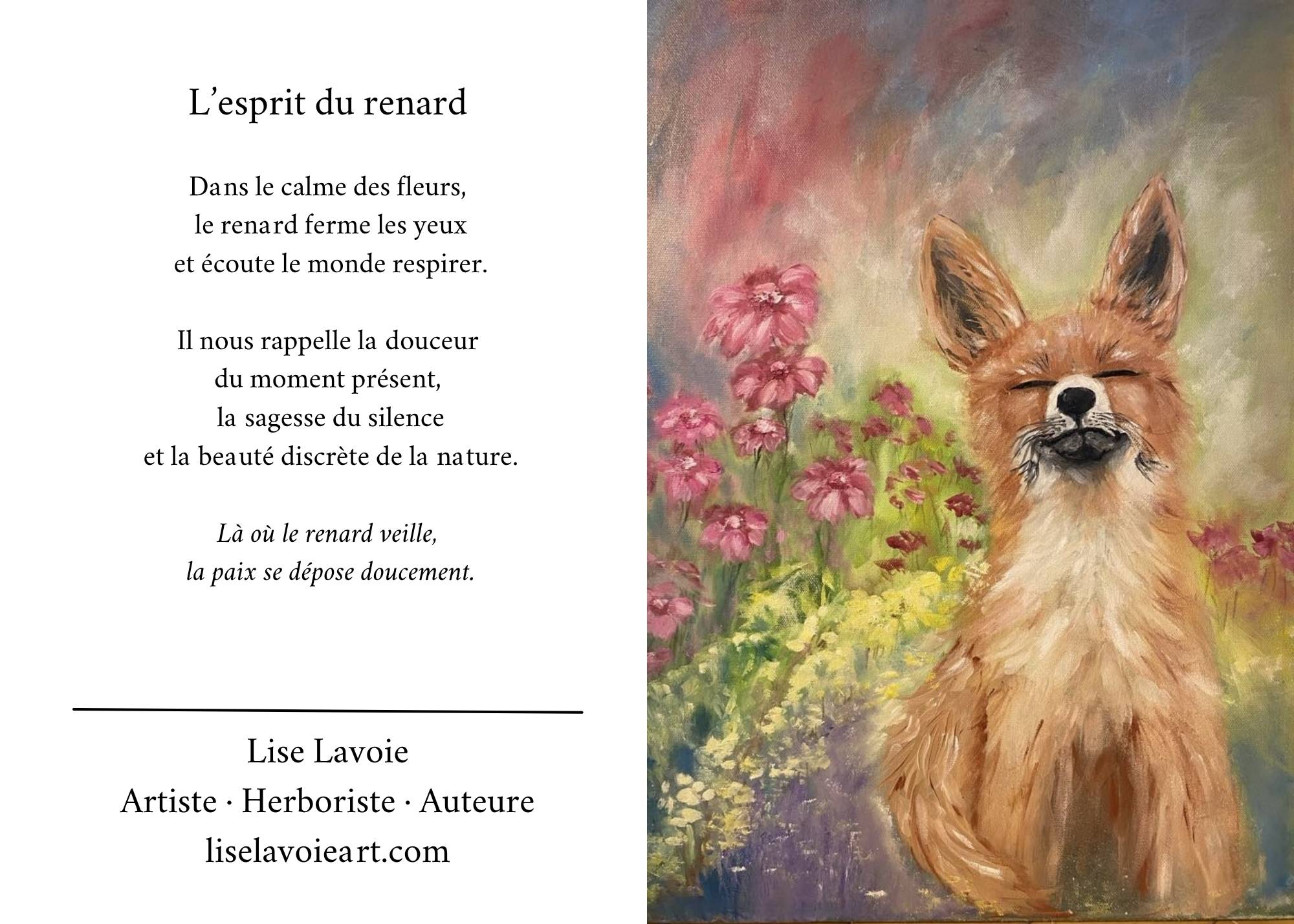 Toile originale renard paisible aux yeux fermés dans un jardin de fleurs roses L'Esprit du Renard Lise Lavoie Shefford Québec