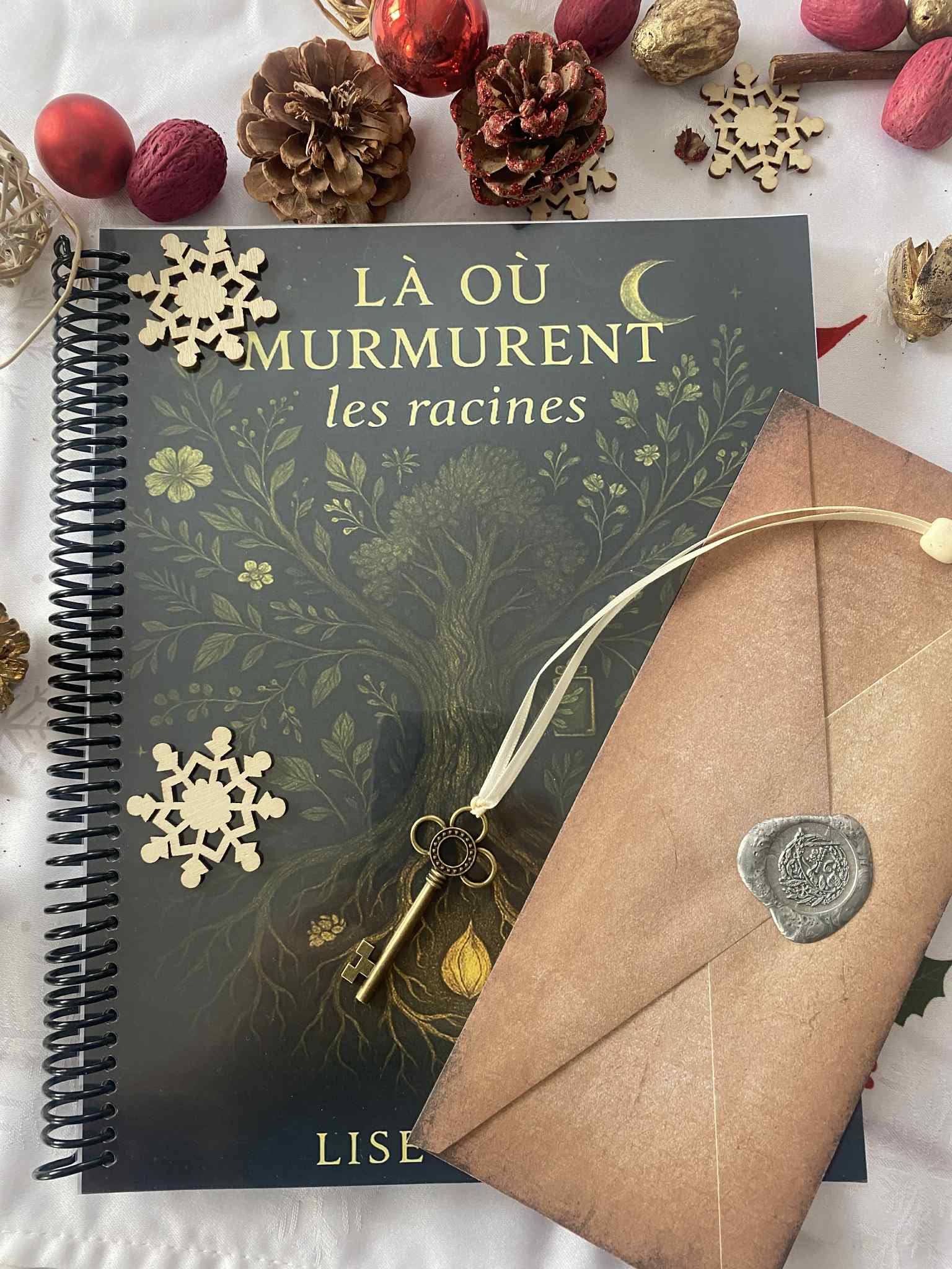 Photo du livre Là où murmurent les racines ouvert, présentant un texte manuscrit sur papier parchemin et la clé symbolique utilisée comme signet.