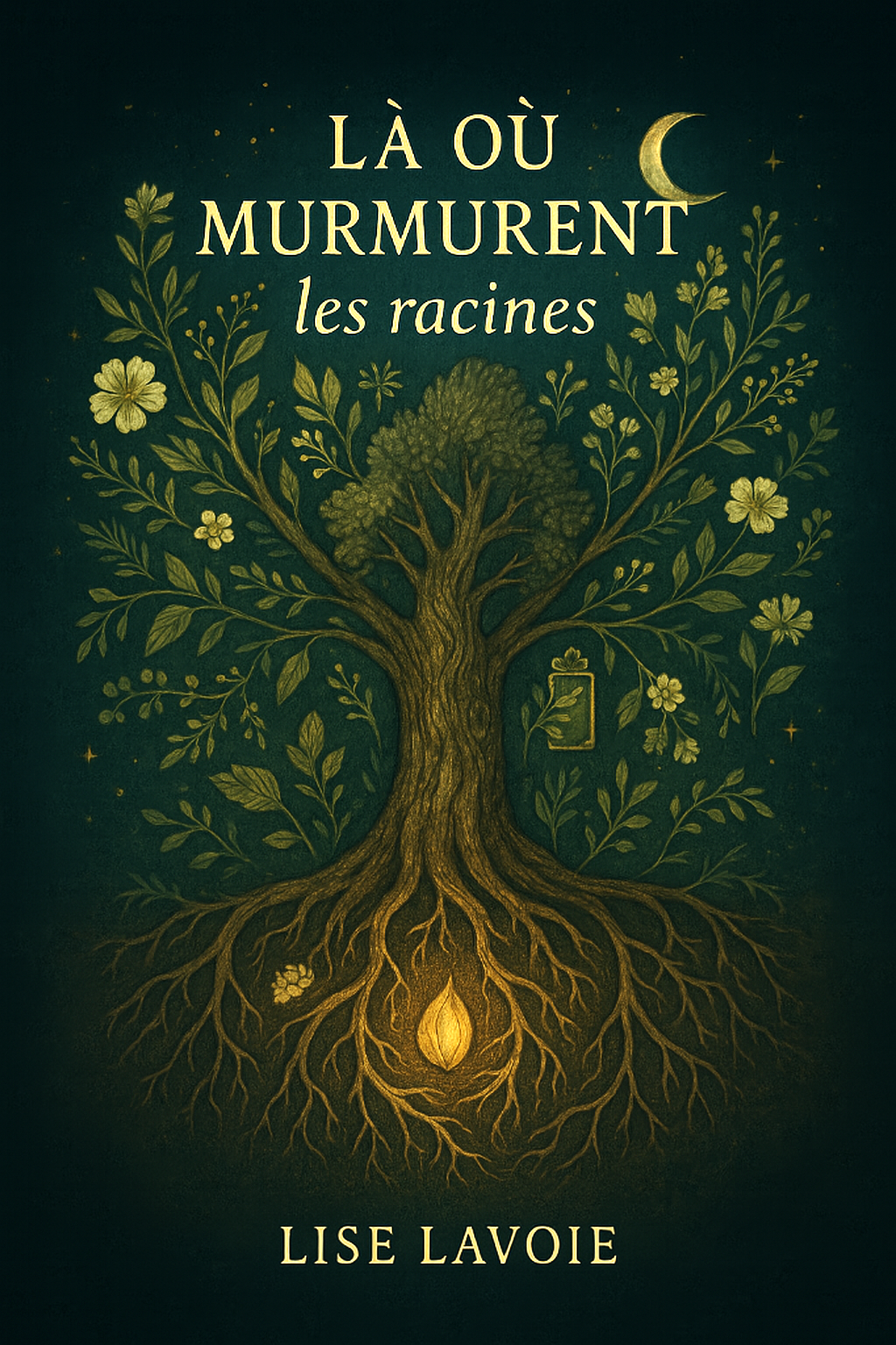 livre Là où murmurent les racines - Un livre poétique de Lise Lavoie mêlant contes, rituels et secrets des plantes alliées, magnifiquement illustré pour éveiller la magie intérieure.