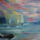 « Toile marine acrylique et huile : voiliers dansants sous un ciel flamboyant, œuvre poétique. »