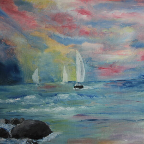 « Toile marine acrylique et huile : voiliers dansants sous un ciel flamboyant, œuvre poétique. »