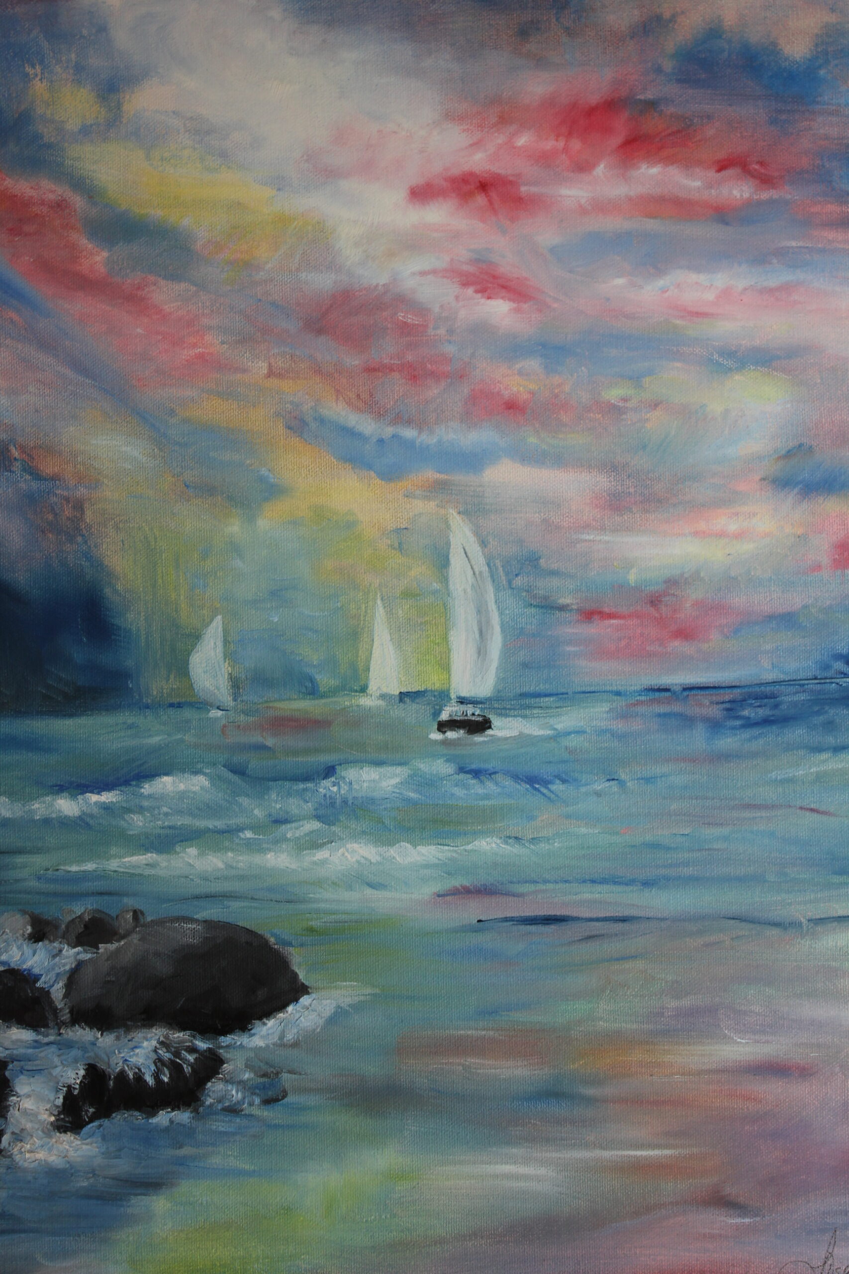 La danse des voiles et du vent « Toile marine acrylique et huile : voiliers dansants sous un ciel flamboyant, œuvre poétique. »