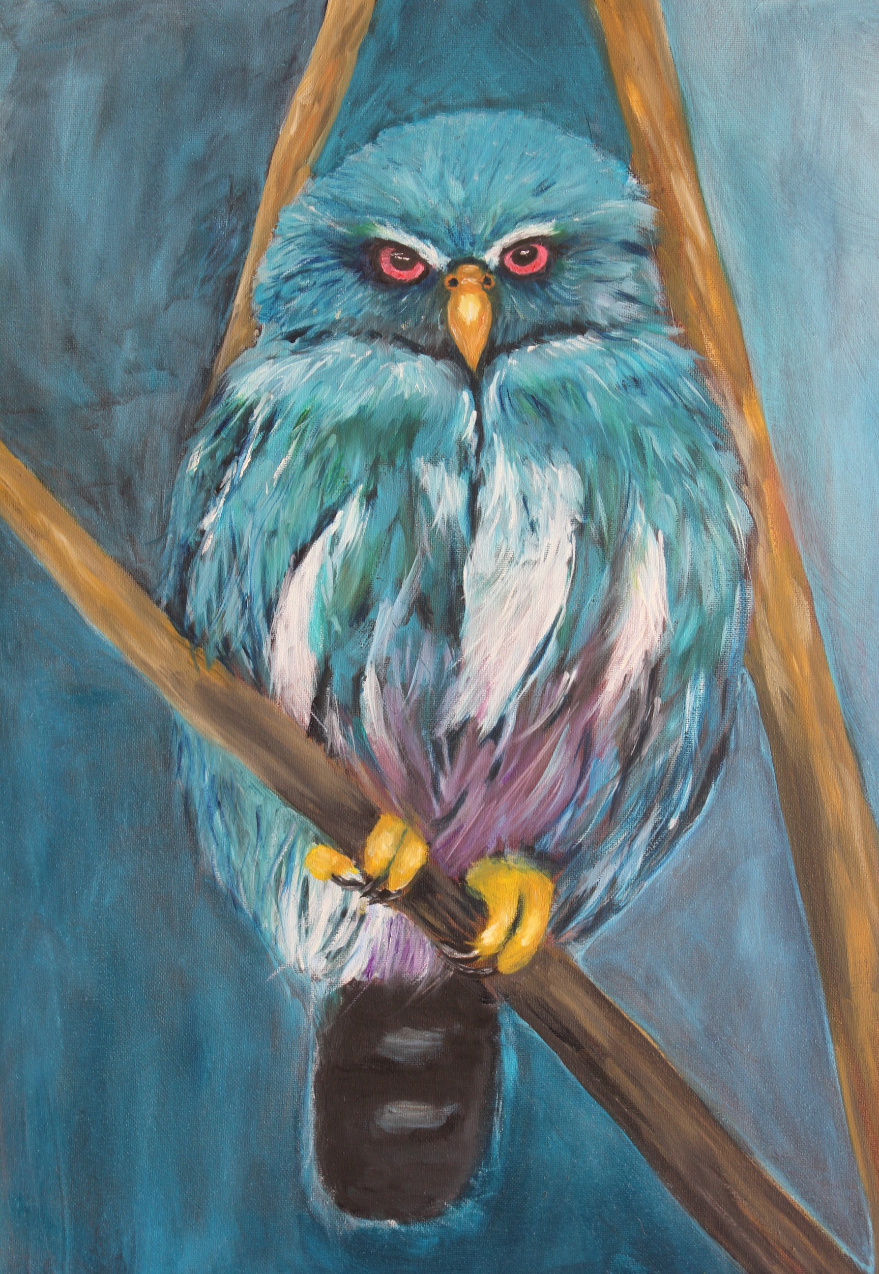 Un hibou bleu au regard perçant, entre mystère et espièglerie. Une toile poétique et lumineuse signée Lise Lavoie, gardienne des murmures nocturnes.