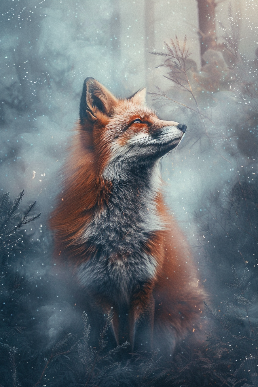 Le Renard de Brume Le Renard de Brume — Renard roux au regard serein entouré de brume et de flocons dans une forêt hivernale