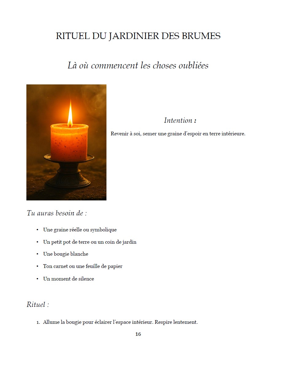 Page de rituel tirée du livre Là où murmurent les racines, présentant une pratique poétique inspirée des plantes et du voyage intérieur d’Élinor.