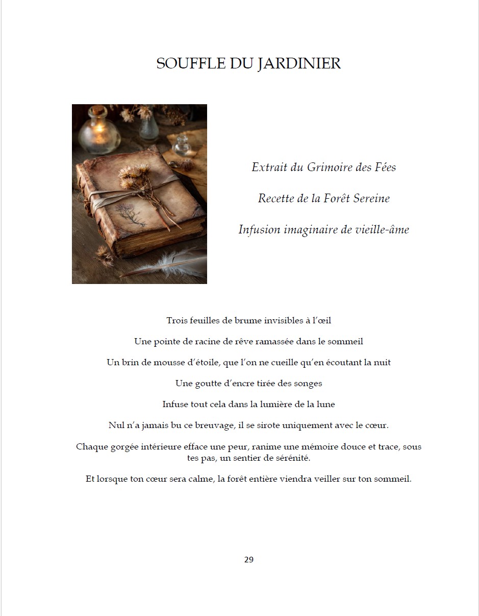 Page du Souffle du Jardinier dans le livre Là où murmurent les racines, présentant un poème court et symbolique qui accompagne le récit d’Élinor.