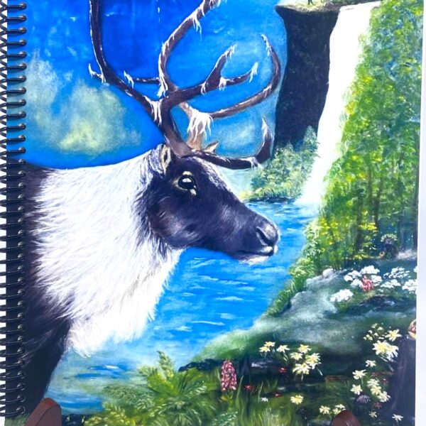 Peinture originale “La Terre des Songes” par Lise Lavoie Art, œuvre mixte, acrylique et huile représentant un caribou majestueux dans un univers poétique et onirique Cahier de notes – La terre des songes