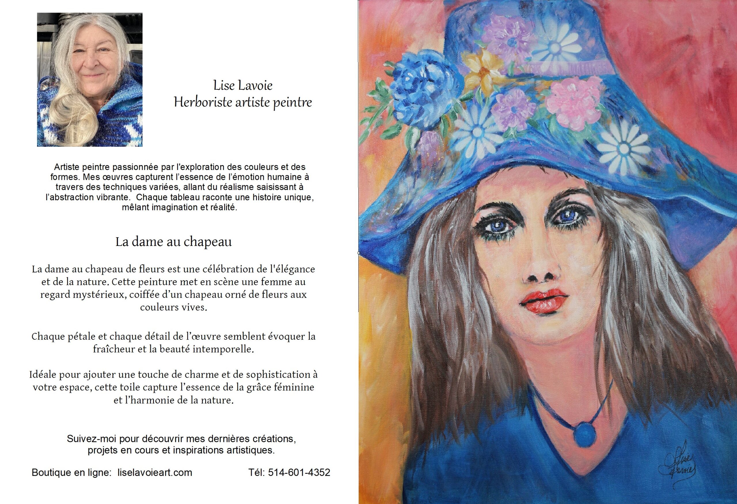 Toile acrylique portrait féminin poétique : dame mystérieuse au chapeau original et fantaisiste La Dame au Drôle de Chapeau