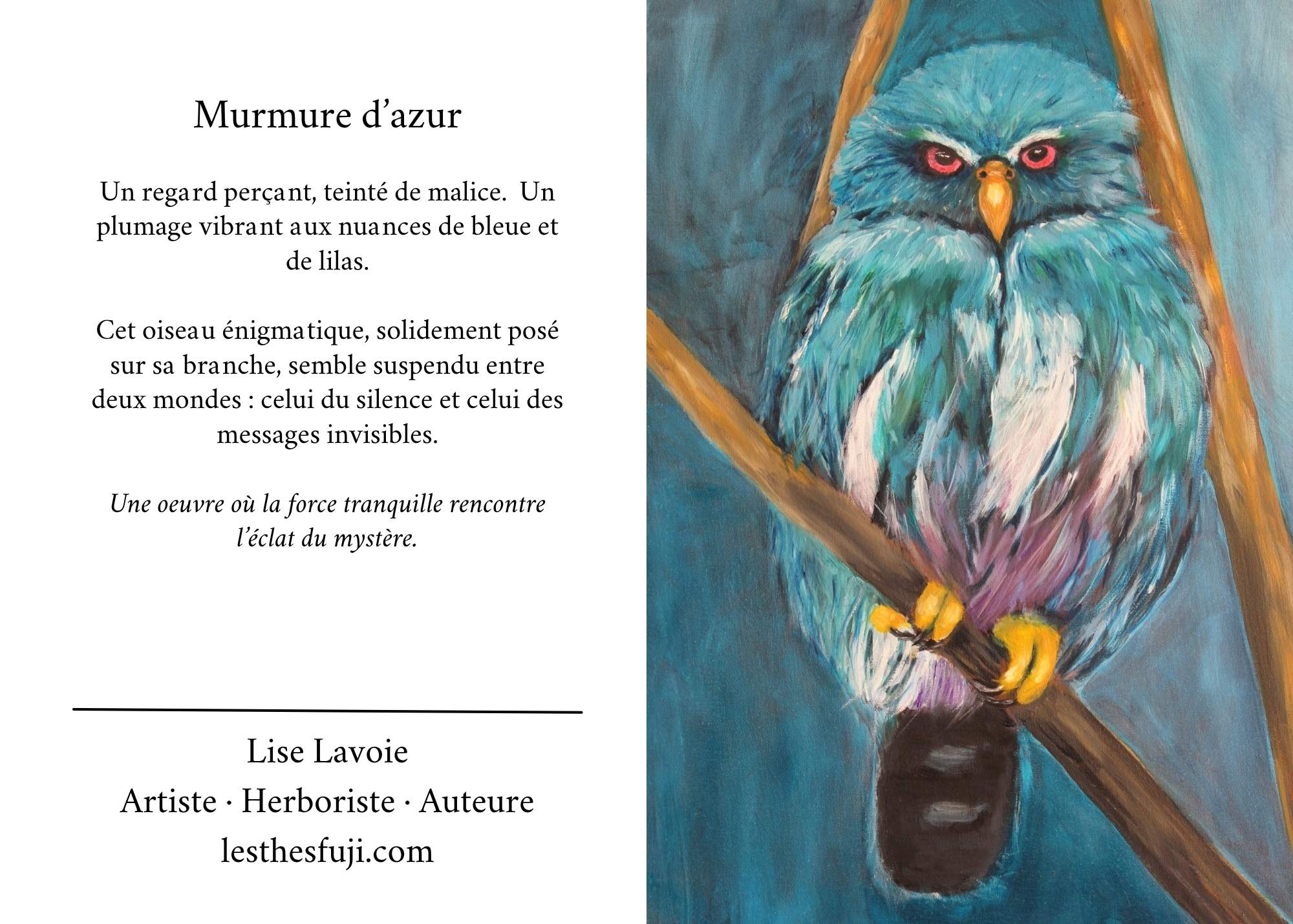 Toile acrylique et huile hibou bleu au regard perçant entre ombre et lumière Murmure d'Azur Lise Lavoie Shefford Québec
