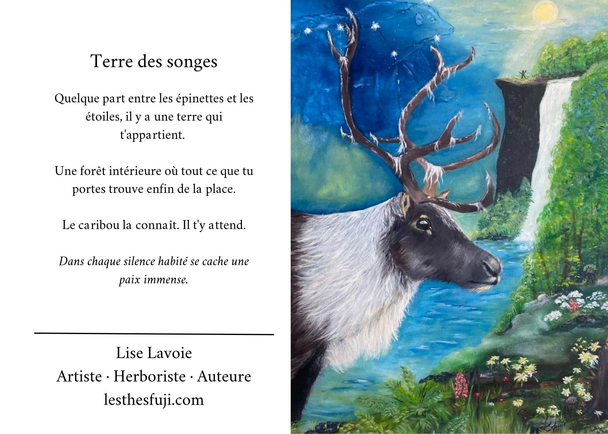 Carte de souhait 5x7 recto verso Terre des Songes caribou et poème Lise Lavoie Art Shefford Québec