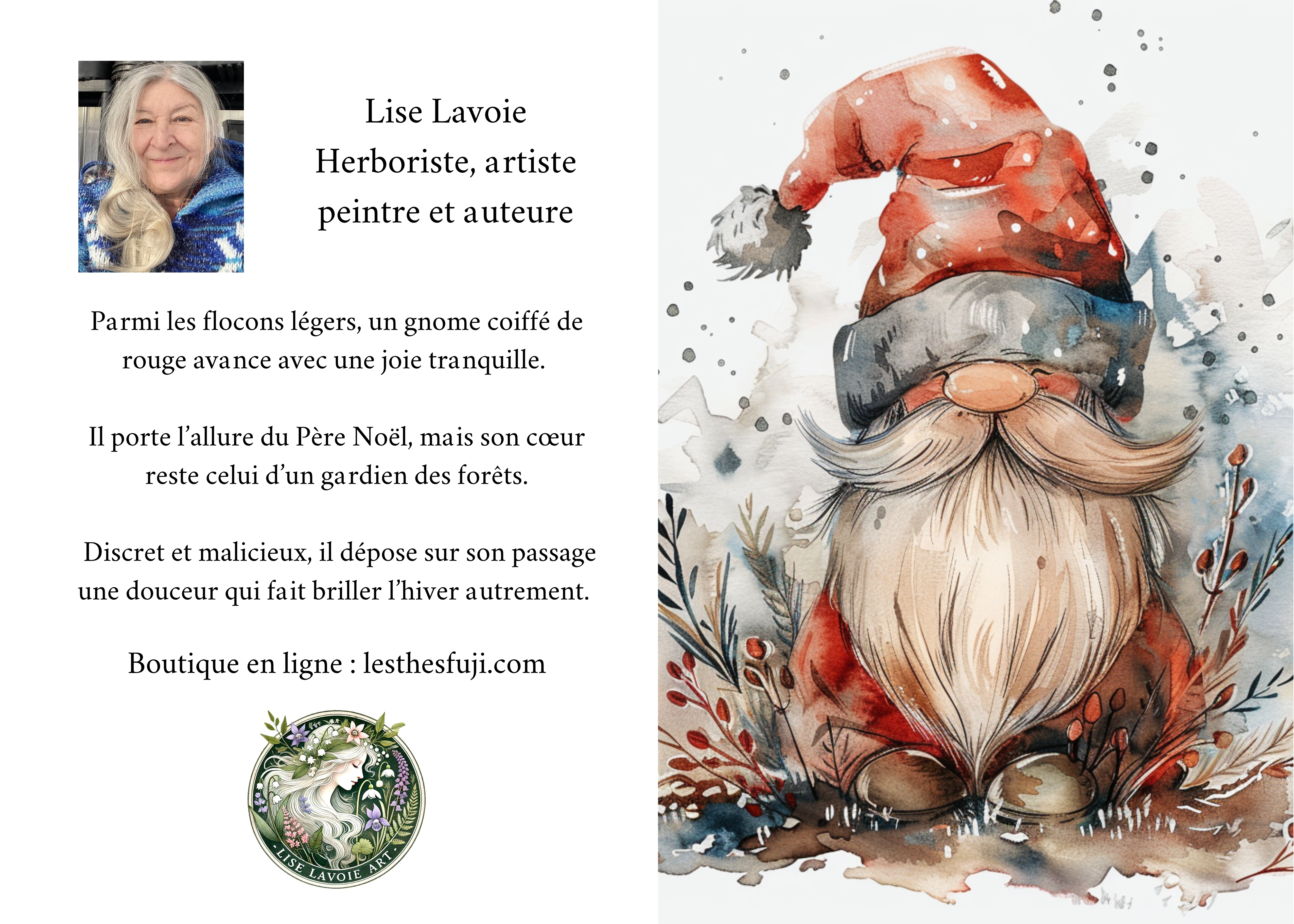 Le Gnome d’Hiver – Carte de souhait 5x7 Illustration d’un gnome au bonnet rouge dans un décor hivernal, carte de souhait 5x7.
