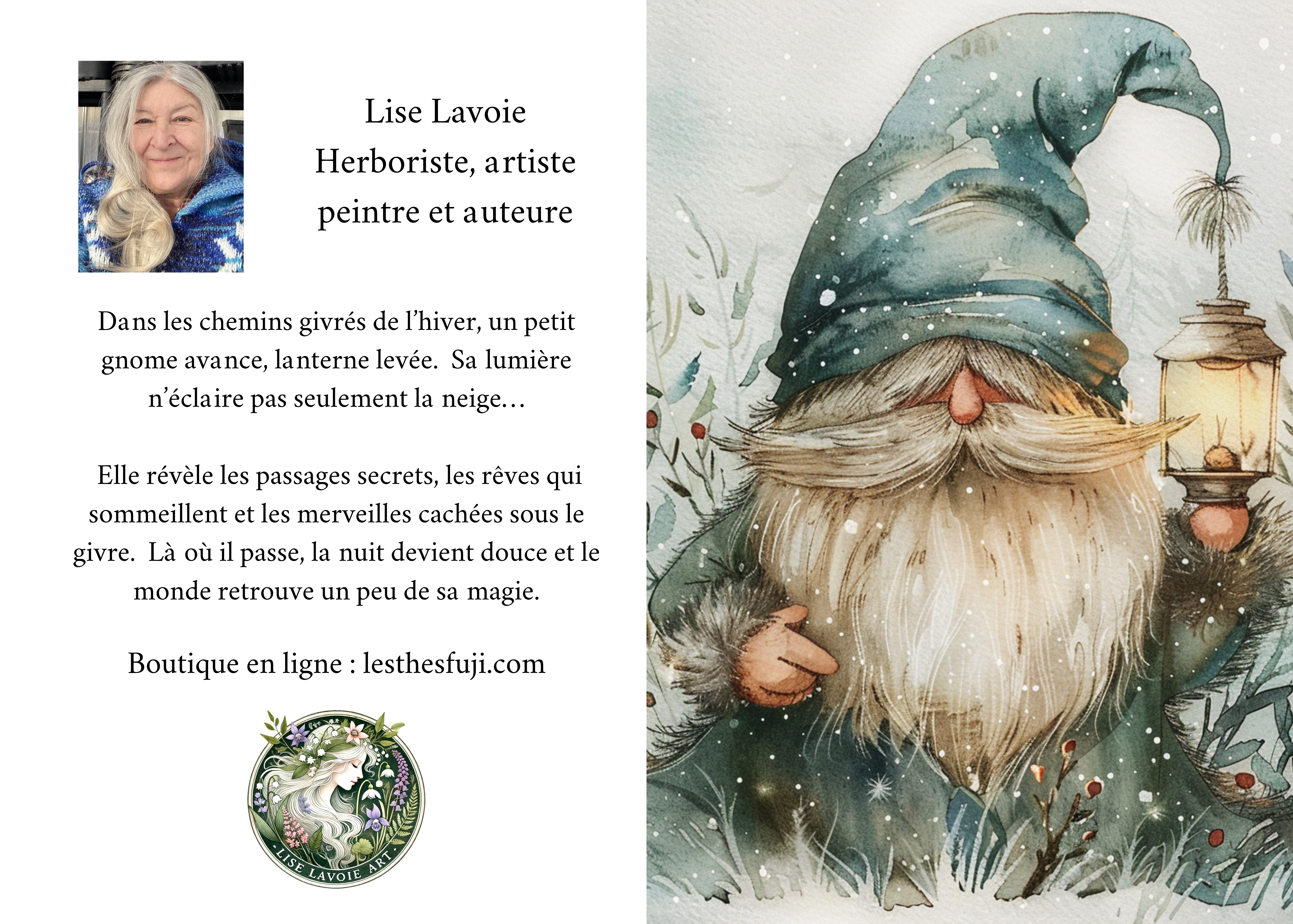 Illustration d’un gnome tenant une lanterne dans un paysage hivernal.