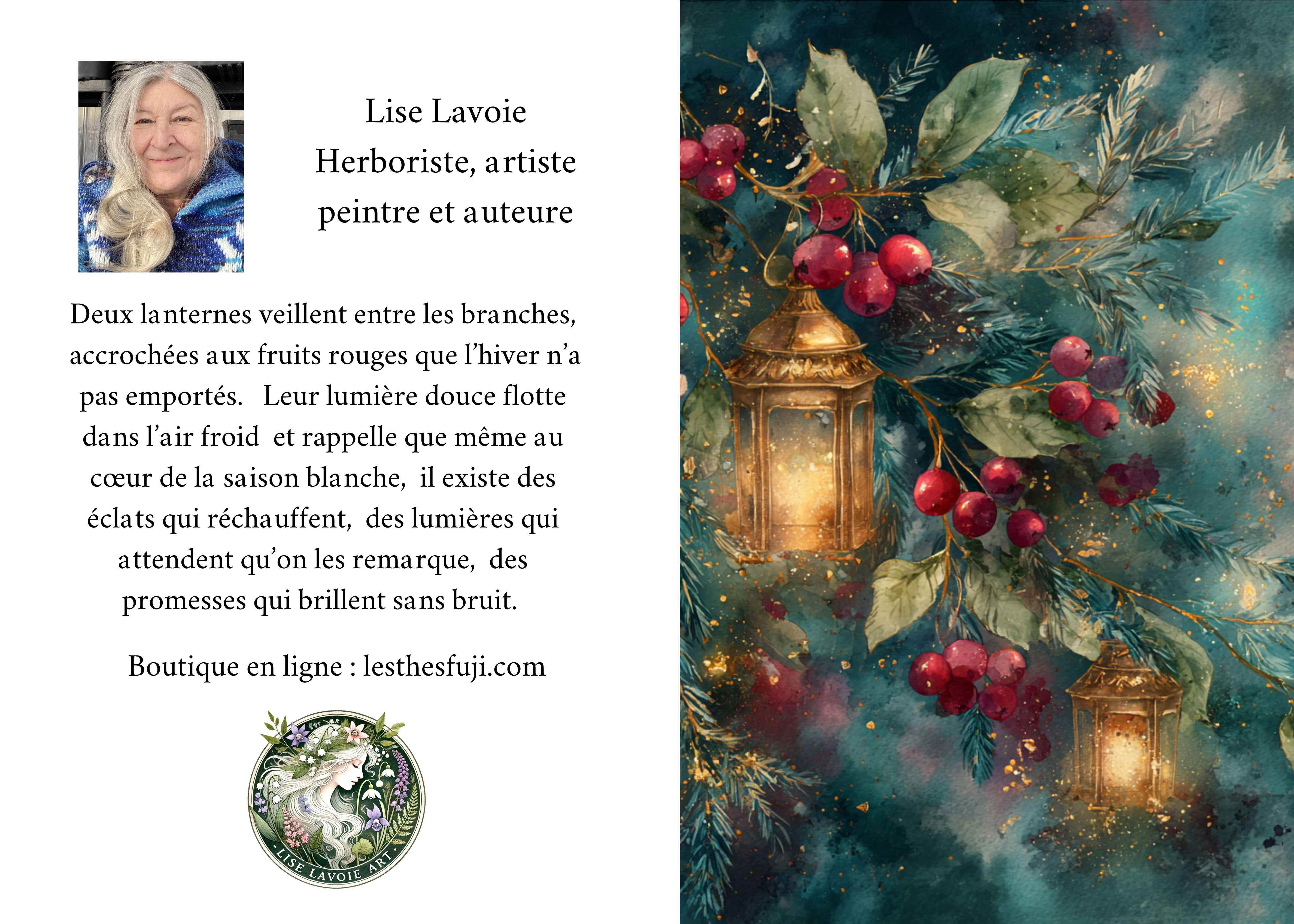 Les Lanternes d’Hiver – Carte de souhait 5x7 Illustration de lanternes suspendues à des branches portant de petites baies en hiver.