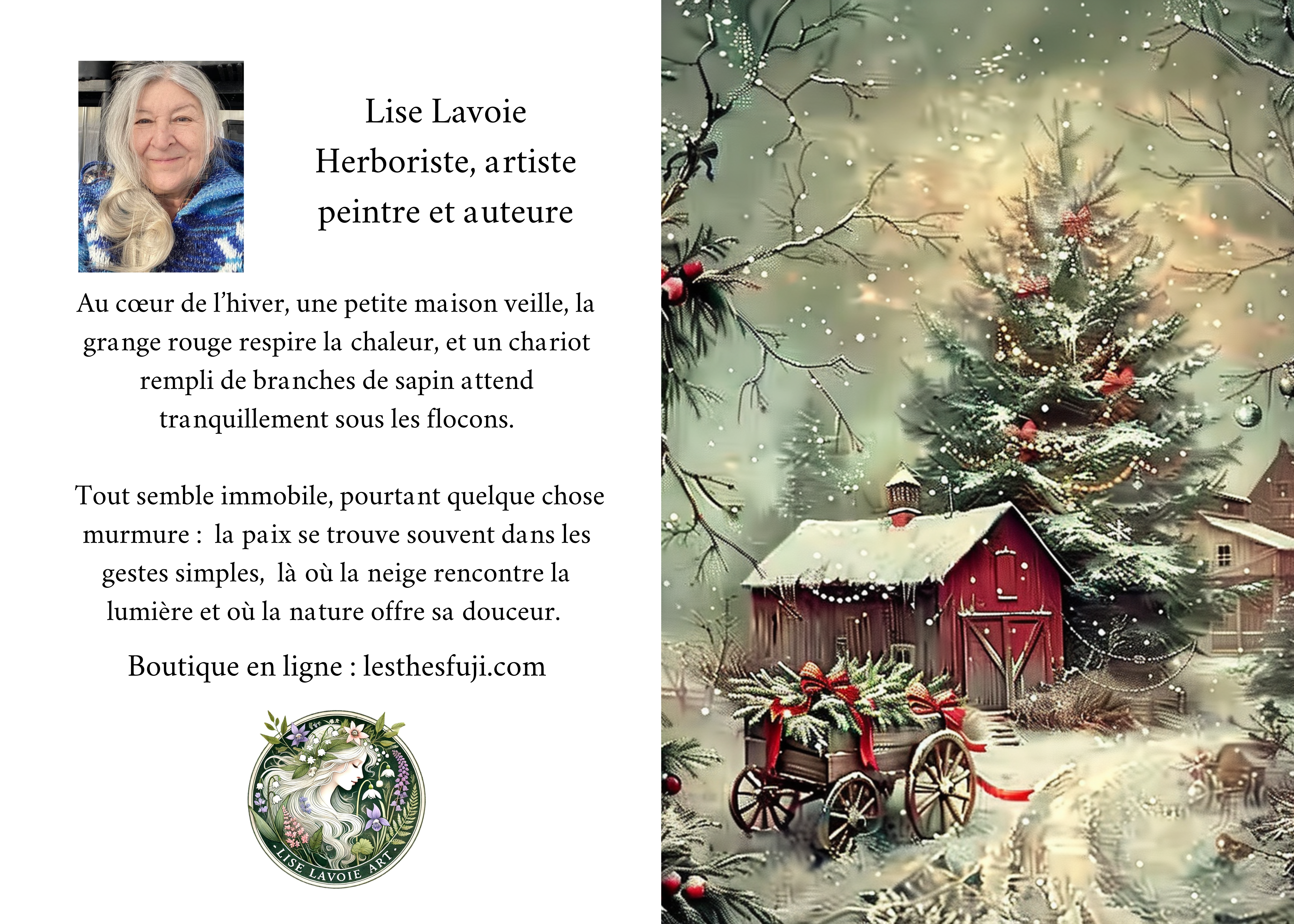 Maison et Grange rouge – Carte de souhait 5x7 Illustration d’une maison et d’une grange rouge sous la neige avec un chariot rempli de branches de sapin.