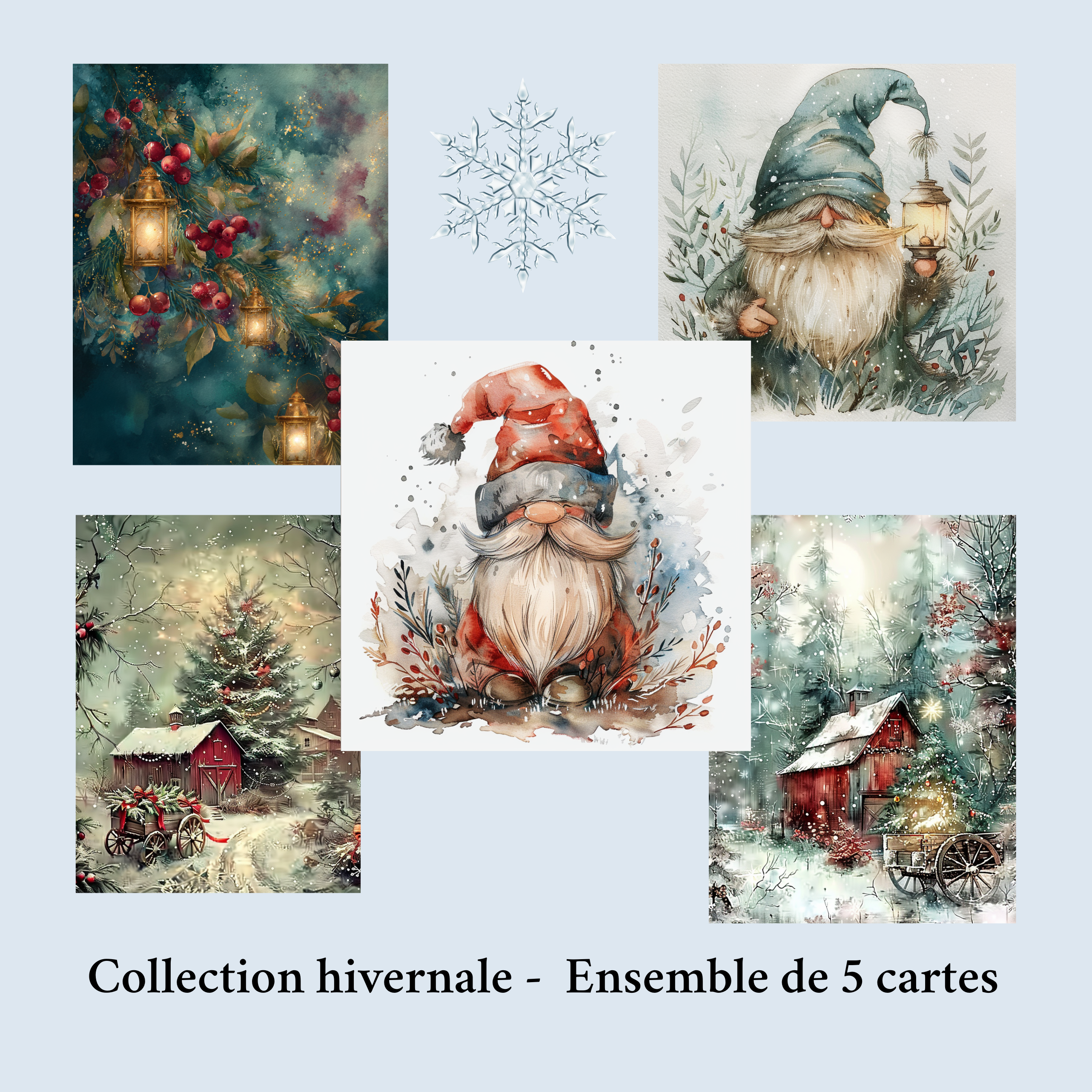 Kit de 5 cartes – Collection Hivernale 5x7 Ensemble de cinq cartes illustrées 5x7 de la collection hivernale avec enveloppes.