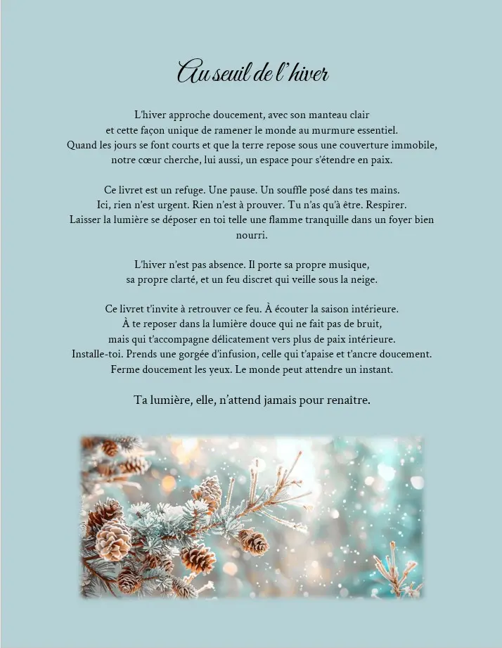 Page intérieure du livret Lumières sous la neige avec rituels et illustrations