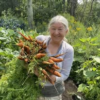 Lise Lavoie herboriste tenant une botte de carottes fraîches dans son jardin à Shefford Québec