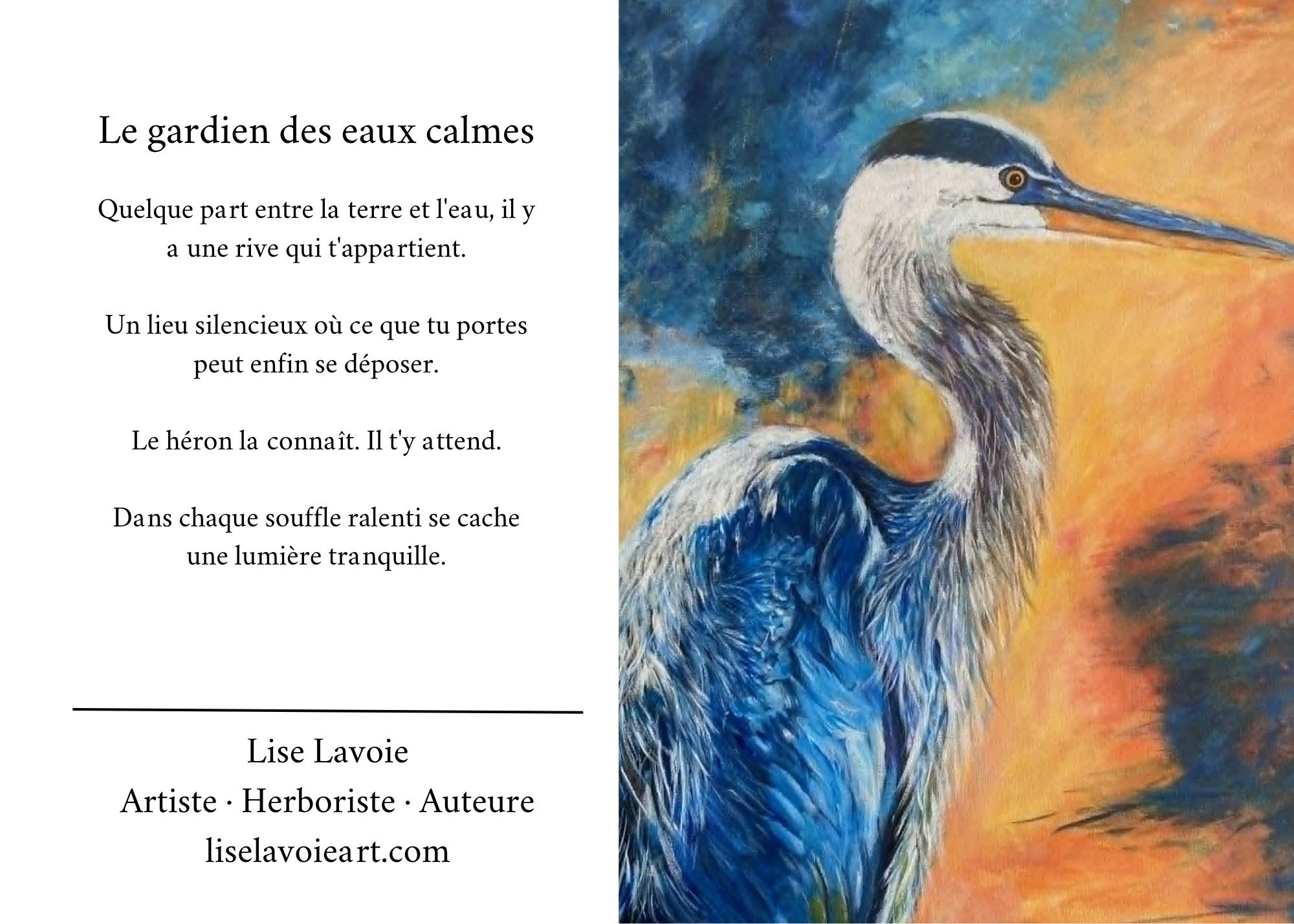 Carte de souhait 5x7 héron Le Gardien des Eaux Calmes peinture acrylique de Lise Lavoie Shefford Québec