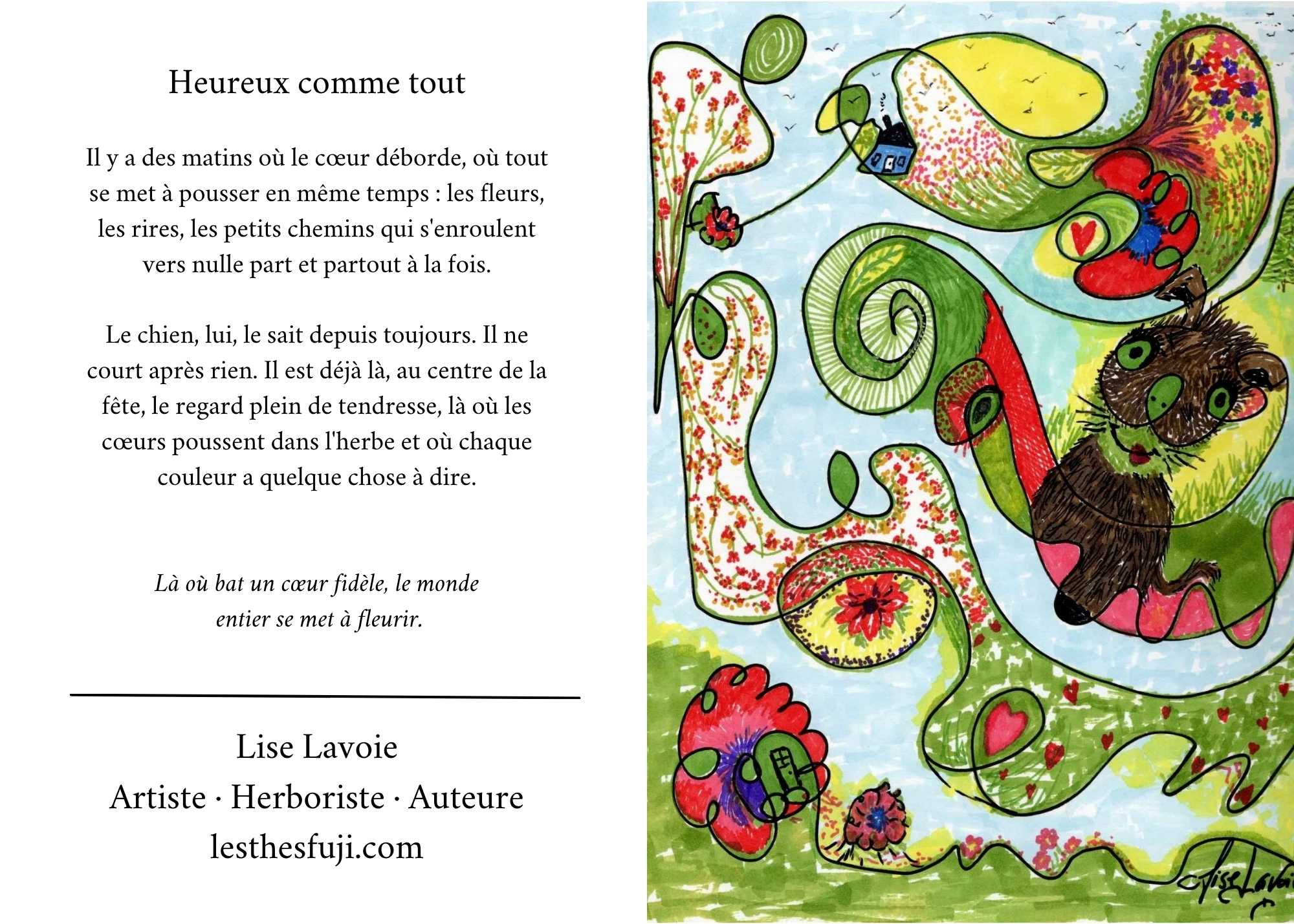 Carte de souhait 5x7 recto verso Heureux comme tout chien joyeux et poème D'un Monde à l'Autre Lise Lavoie Shefford Québec
