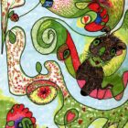 Illustration à l'encre et au marqueur d'un chien joyeux au regard tendre dans un monde fleuri et coloré avec cœurs et spirales Heureux comme tout Lise Lavoie Shefford Québec