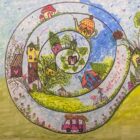 Œuvre originale à l'encre et au marqueur un sentier en spirale traverse de petits mondes maison-théière roulotte fleurie fillette à vélo et demeures blotties menant à un cœur niché au centre Le Chemin du Cœur par Lise Lavoie Shefford Québec