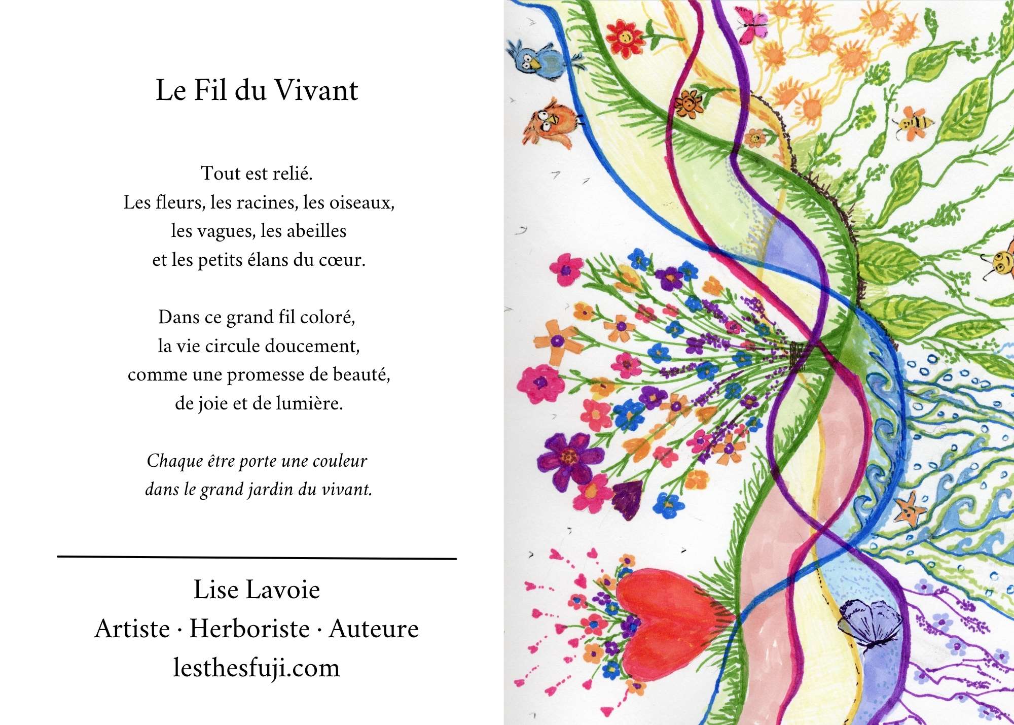 Carte de souhait 5x7 recto verso Le Fil du Vivant illustration colorée et poème Les Refuges Enchantés Lise Lavoie Shefford Québec