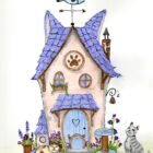 Illustration au marqueur à l'alcool d'une maison féérique au toit en oreilles de chat avec chats et fleurs La Maison des Chats Lise Lavoie Shefford Québec