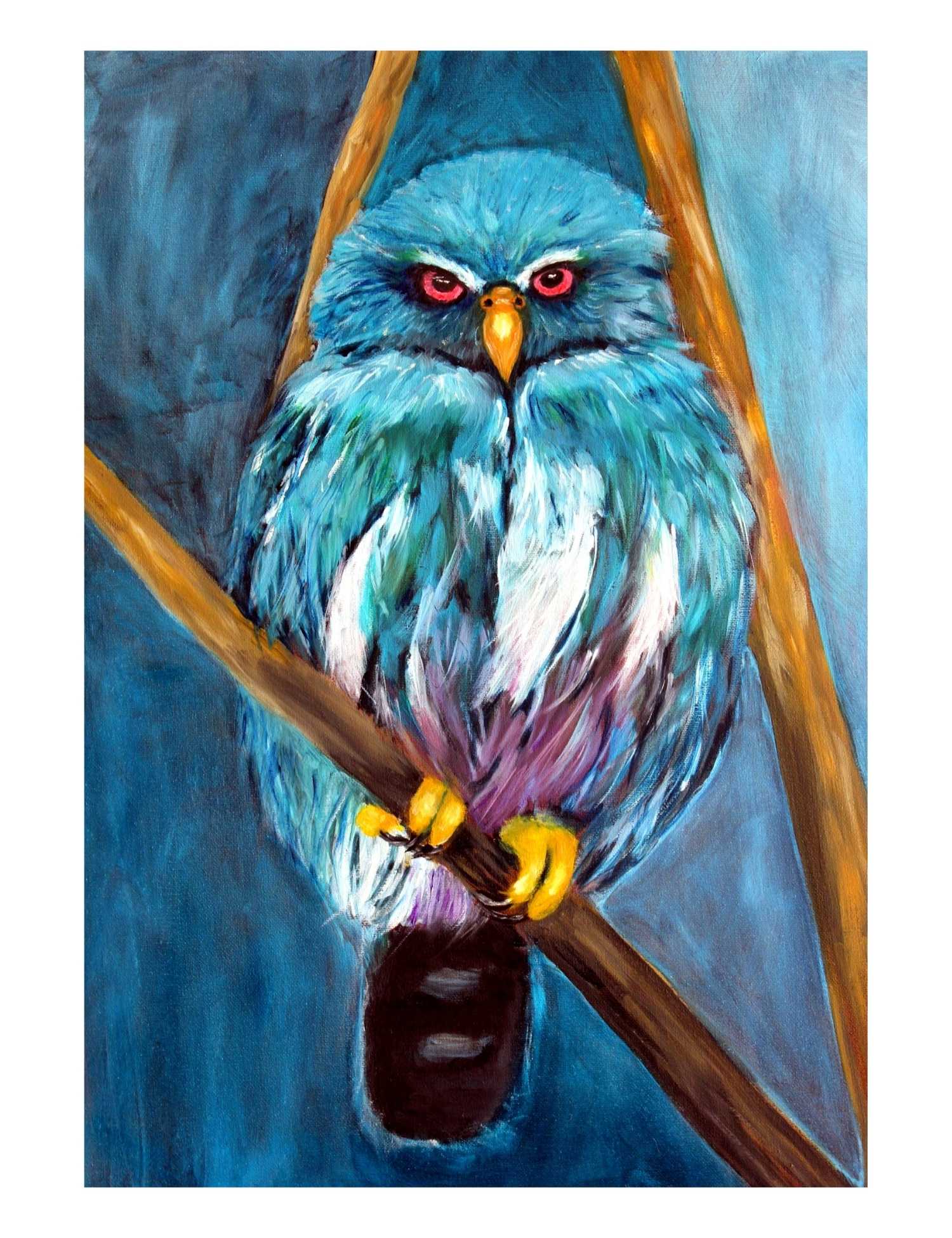 Murmure d'Azur impression art hibou bleu Moab Lise Lavoie Art Impression d'art signée hibou bleu au regard perçant et plumage de bleu et lilas Murmure d'Azur sur papier Moab Lise Lavoie Shefford Québec