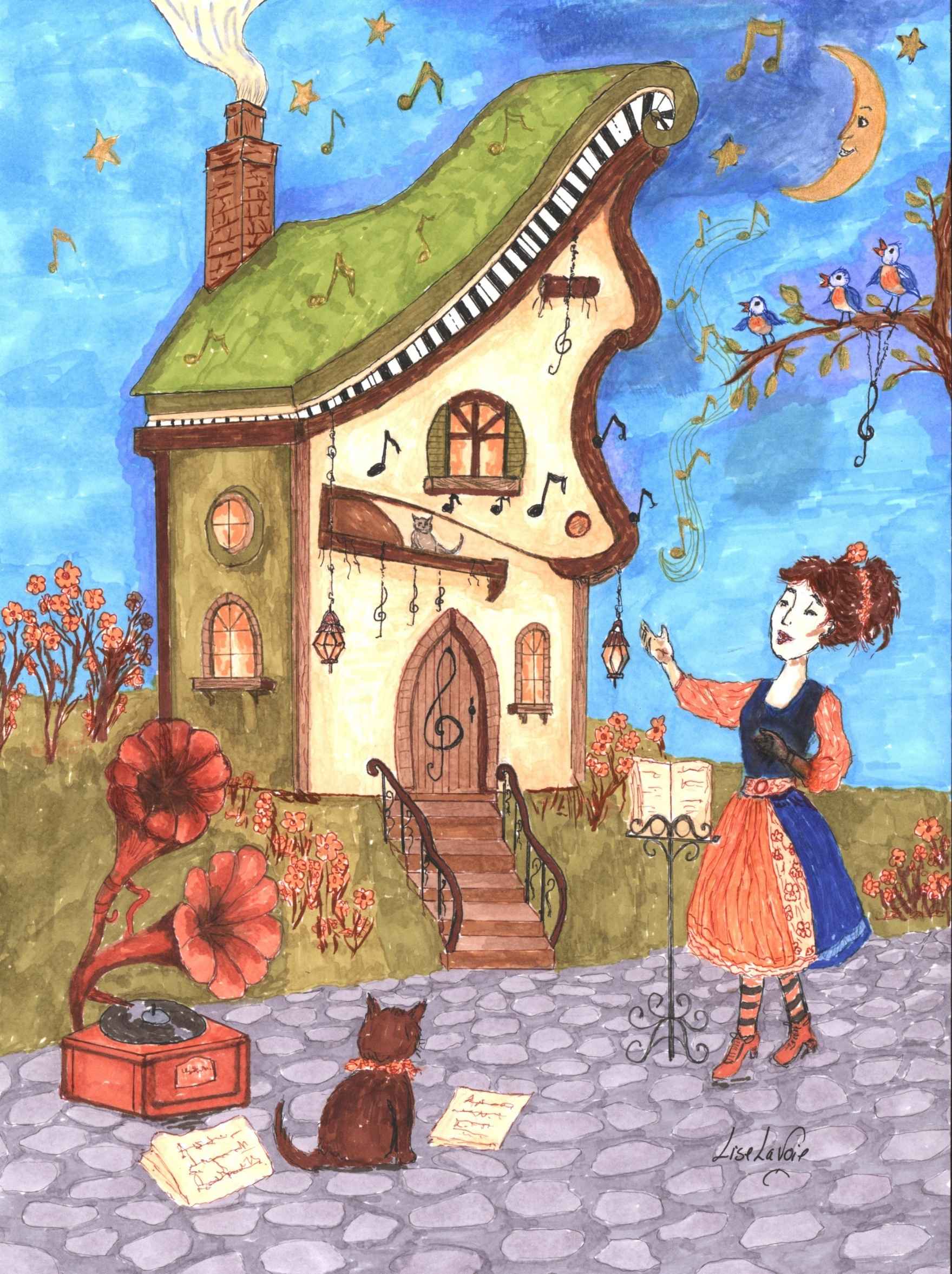 Chante-moi une Chanson œuvre originale encre et marqueur maison musicale Les Refuges Enchantés Lise Lavoie Art Illustration à l'encre et au marqueur d'une maison féérique au toit en clavier de piano avec chanteuse gramophone-fleur chat et oiseaux sous la lune Chante-moi une Chanson Lise Lavoie Shefford Québec