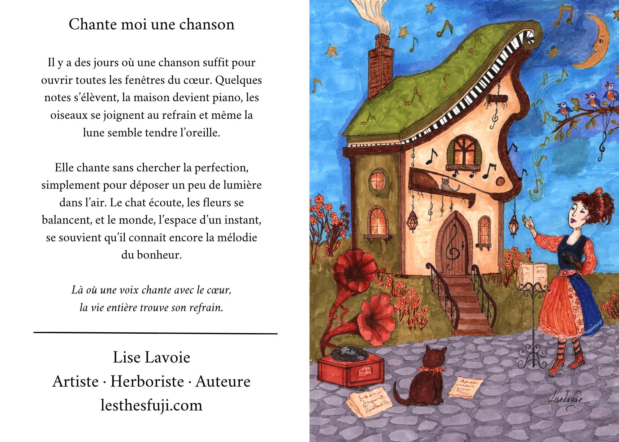 Carte de souhait 5x7 recto verso Chante-moi une Chanson maison-piano et poème D'un Monde à l'Autre Lise Lavoie Shefford Québec
