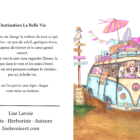 Carte de souhait 5x7 recto verso Destination La Belle Vie minibus rétro et poème D'un Monde à l'Autre Lise Lavoie Shefford Québec Légende : Destination La Belle Vie – Carte de souhait recto verso | Lise Lavoie Art 🌞
