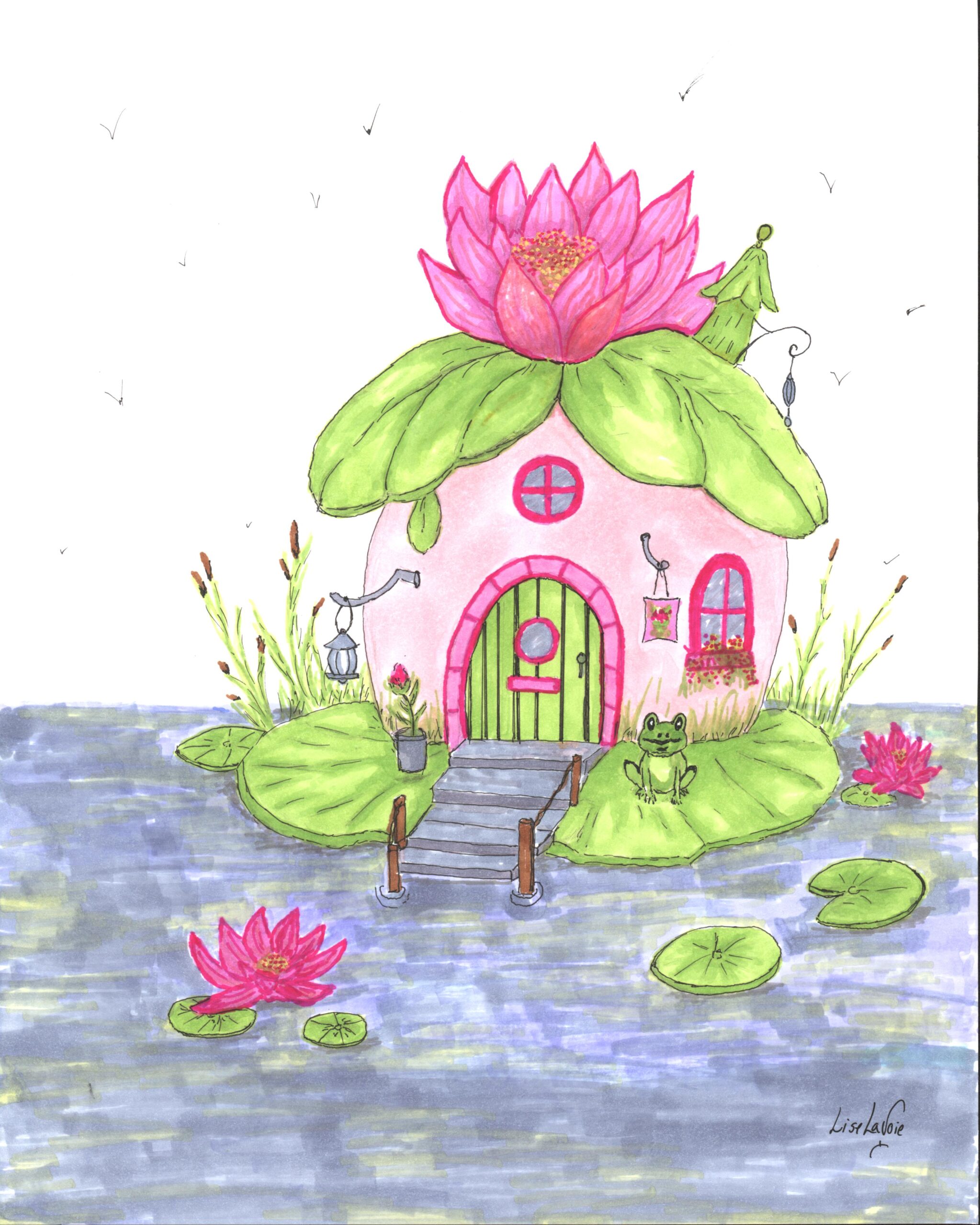 La Maison Nénuphar œuvre originale encre et marqueur maison féérique Les Refuges Enchantés Lise Lavoie Art Œuvre originale à l'encre et au marqueur représentant une maison féérique rose coiffée d'un nénuphar en fleur et de feuilles vertes, posée sur un étang avec une grenouille, des quenouilles et des nénuphars flottants La Maison Nénuphar par Lise Lavoie Shefford Québec