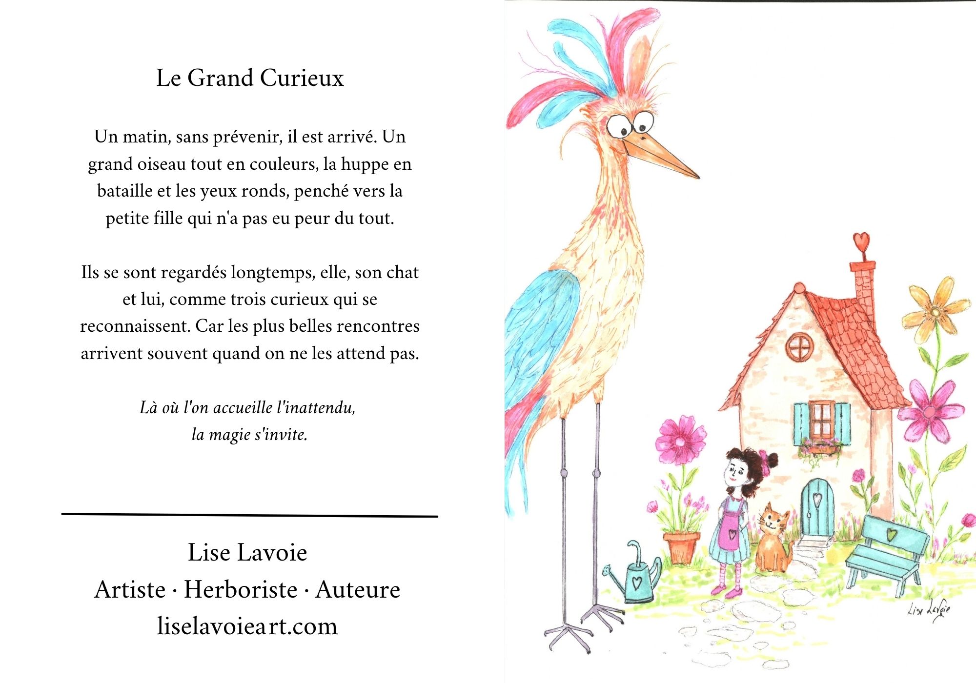 Carte de souhait 5x7 recto verso Le Grand Curieux oiseau fantaisiste fillette et chat et poème D'un Monde à l'Autre Lise Lavoie Shefford Québec