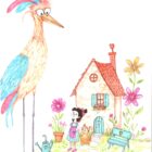 Œuvre originale à l'encre et au marqueur représentant un grand oiseau fantaisiste aux plumes roses et turquoise qui se penche vers une fillette en tablier rose et son chat roux devant une petite maison au toit rouge entourée de fleurs géantes Le Grand Curieux par Lise Lavoie Shefford Québec