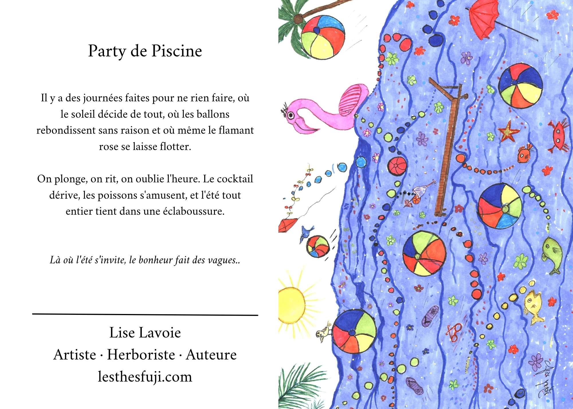 Carte de souhait 5x7 recto verso Party de Piscine piscine d'été et poème D'un Monde à l'Autre Lise Lavoie Shefford Québec