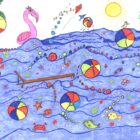 Œuvre originale à l'encre et au marqueur représentant une piscine d'été aux vagues bleues remplie de ballons de plage colorés avec un flamant rose gonflable, une chaise longue, un cocktail, des gougounes, des poissons, un crabe et une étoile de mer sous le soleil Party de Piscine par Lise Lavoie Shefford Québec