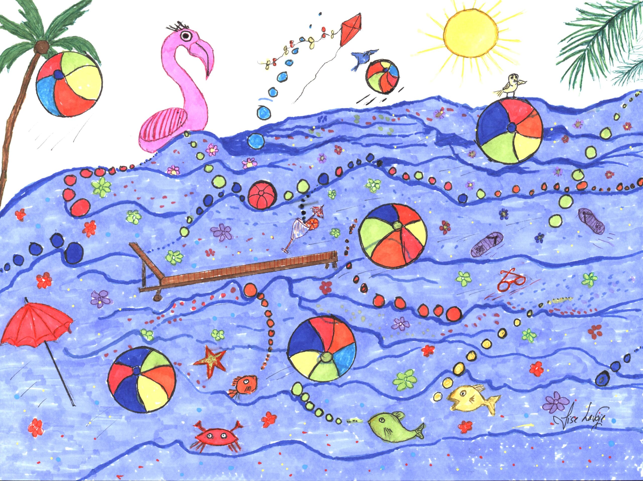 Party de Piscine œuvre originale encre et marqueur été ballons de plage D'un Monde à l'Autre Lise Lavoie Art Œuvre originale à l'encre et au marqueur représentant une piscine d'été aux vagues bleues remplie de ballons de plage colorés avec un flamant rose gonflable, une chaise longue, un cocktail, des gougounes, des poissons, un crabe et une étoile de mer sous le soleil Party de Piscine par Lise Lavoie Shefford Québec
